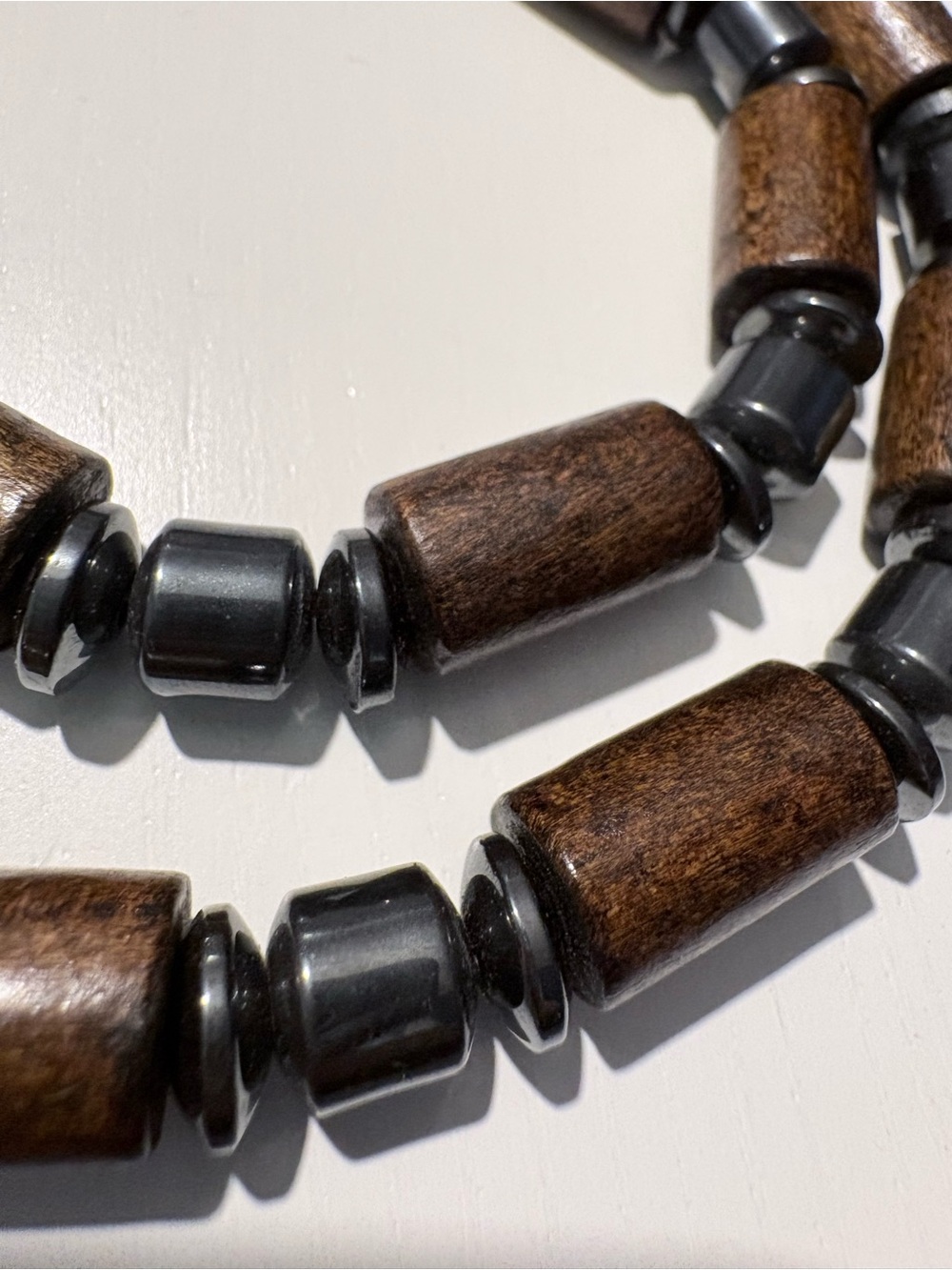Wood and Hematite Bead Necklace - Vintage